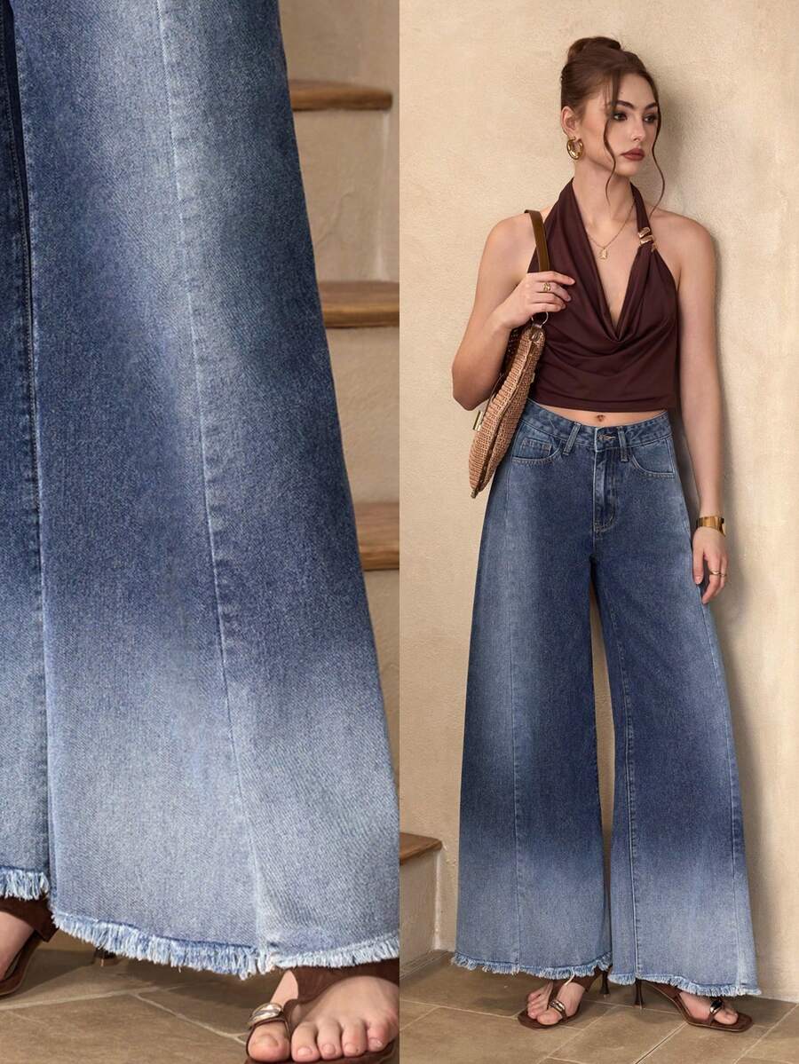 Selenza 女士休闲百搭日常口袋纽扣喇叭裤 - 藍色 - 查看 1