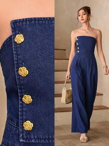 Selenza Women's Button Design Pleated Wide Leg Loose Denim Jumpsuit - Blue - View 1