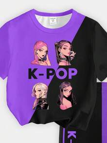 Spring And Summer Young Girl Casual Fashion Creative Personalized Refreshing Minimalist Cool Virtual Girl Group Striped Purple & Black Graphic Letter Slogan Print Casual T-Shirt And Bike Shorts Set, Comfortable Daily Wear. Cozy Summer And Fall Styles Suitable For Girls, Atmosphere-Inspired Casual And Sportswear Outfits, Sets - Multicolor - View 5