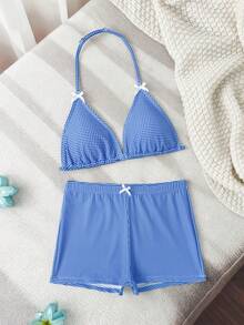 少女可爱蓝白格子针织露背比基尼套装，蝴蝶结装饰，两件式泳衣，时尚优雅，适合游泳、海滩、泳池、夏季度假 - 藍色 - 查看 1