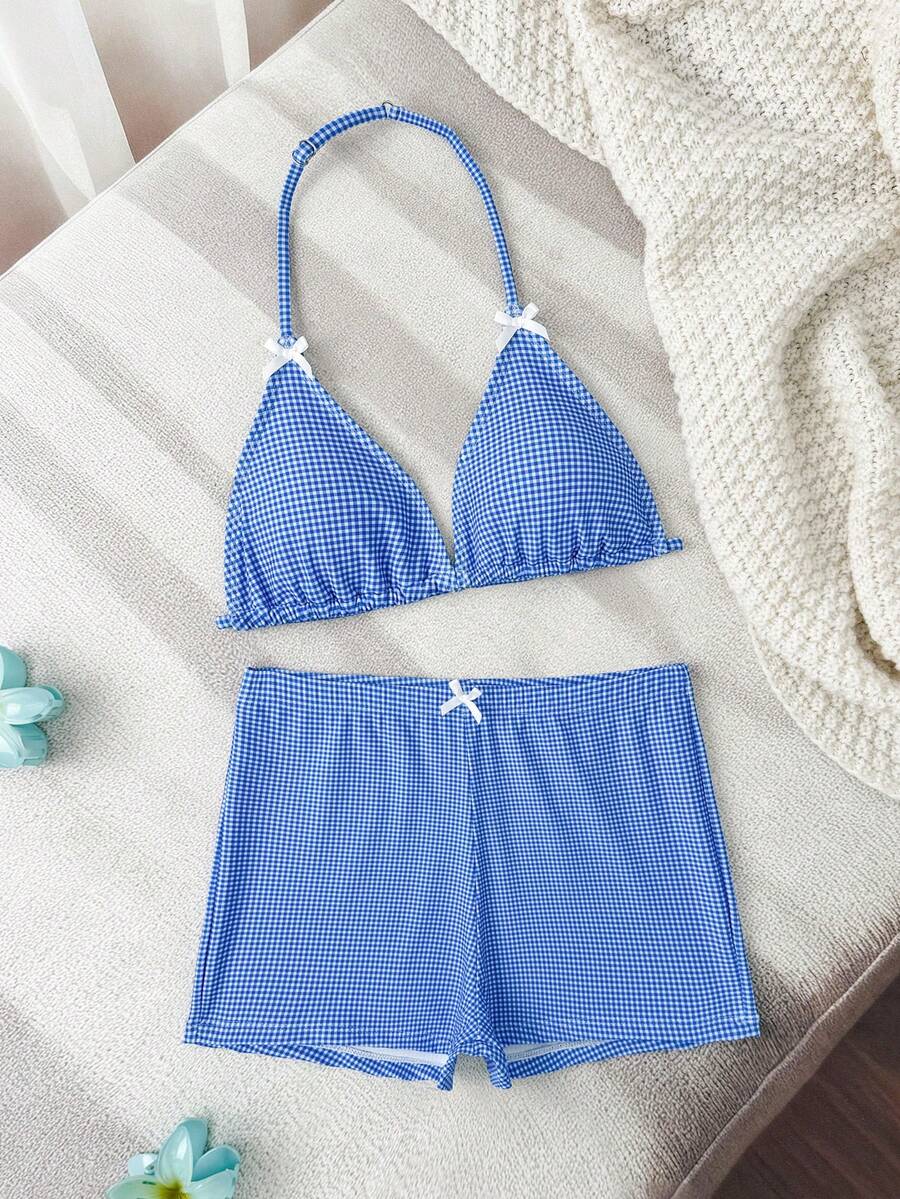 少女可爱蓝白格子针织露背比基尼套装，蝴蝶结装饰，两件式泳衣，时尚优雅，适合游泳、海滩、泳池、夏季度假 - 藍色 - 查看 1