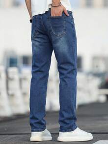 Manfinity Homme Jeans ajustados elásticos versátiles y casuales para hombres, aptos para todas las estaciones - Azul lavado oscuro - Ver 2