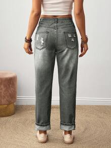 SHEIN LUNE Women's Floral Embroidered Pocket Straight Leg Casual Versatile Jeans - Grey - View 2