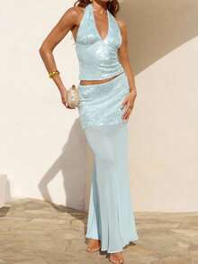 Opulessa 女士纯色亮片拼接露背上衣和迷你裙套装 - 淺藍色 - 查看 1