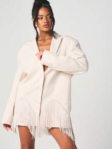 MISSGUIDED Chaqueta blazer oversize con botones en el cuello, flecos en el bajo y mangas largas para mujer - Albaricoque - Ver 4