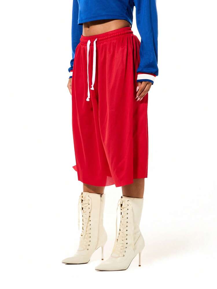 SUMWON WOMEN 밑단 트임이 있는 레드 메시 와이드 레그 쇼츠