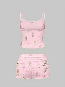 ROMWE Kawaii Cute & Fun Rabbit Polka Dot Lace Camisole & Ruched Shorts Pajama Set, Casual Loungewear - Pink - View 2