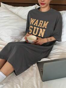 DAZY 宽松英伦印花短袖睡袍，女士睡衣裙 - 深灰色 - 查看 1