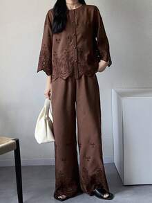 FRIFUL Women's Solid ColorEmbroidered Fabric Loose Casual 2 Pieces Set, Suitable For Spring And Summer Lounge Sets For Women - Coffee Brown - View 5