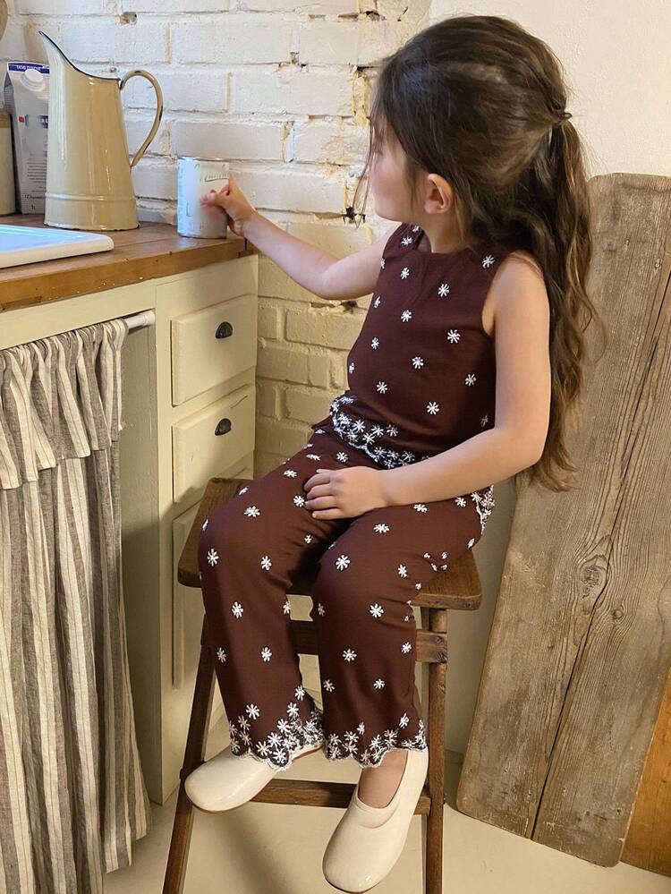 Young Girls Round Neck Embroidered Sleeveless Shirt And Loose Pants 2 Pieces Vacation Set