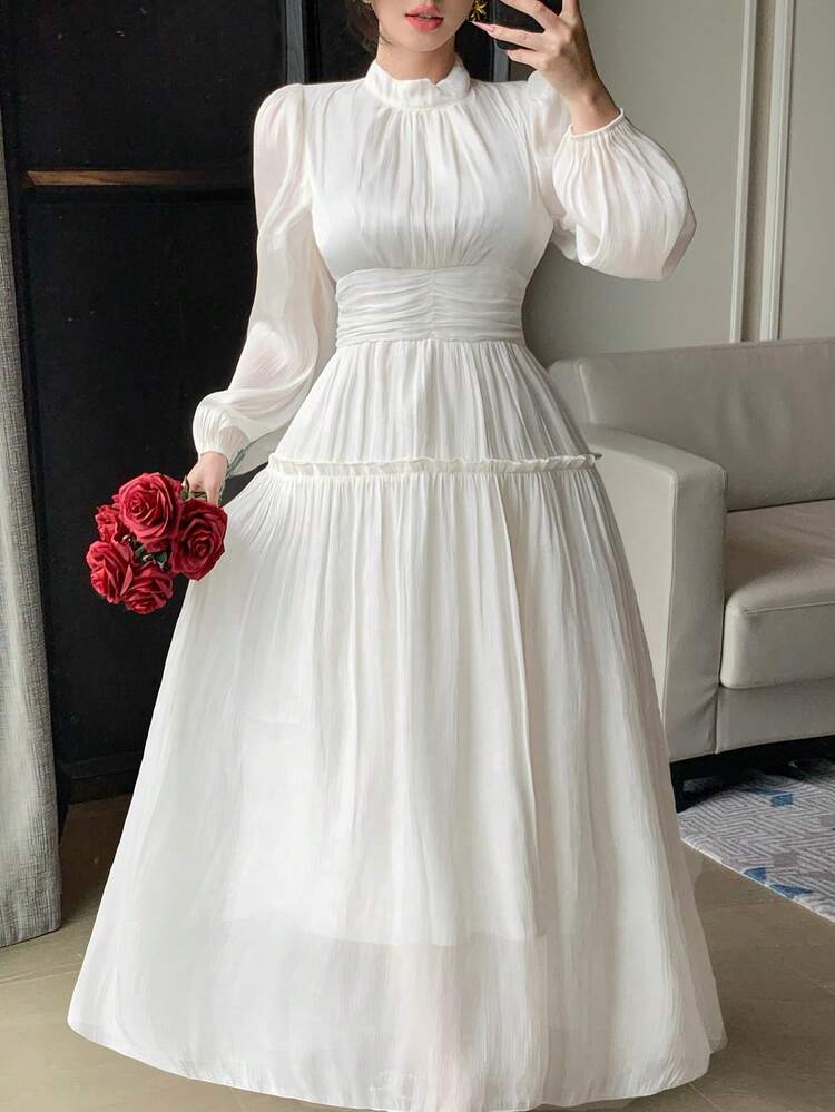 Women's Solid Color Mandarin Collar Lantern Sleeve Waist Ruched Elegant Dress,Wedding Guest Dress Women Maxi Dress Sundress