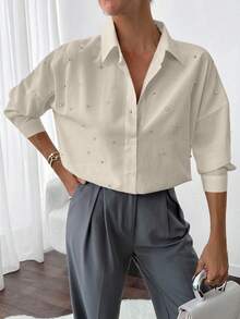 EURMUSE Women's Stylish Rhinestone Embellished Drop Shoulder Shirt - Beige - View 7