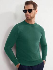 Manfinity Mode Áo len chui đầu cổ tròn tay dài màu trơn thường ngày cho nam, Thu/Đông - Màu xanh lá cây đậm - Xem 3