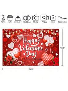 1 pieza Pancarta de fondo para el Día de San Valentín con rosas rojas, fondo temático de corazones para photocall, decoraciones y suministros para la fiesta del Día de San Valentín - Multicolor - Ver 2