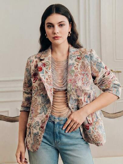 Anewsta Spring French Romantic Jacquard Plus Size Women's Blazer Jacket, Long Sleeve Loose Flattering Commuter Elegant, Valentine's Day