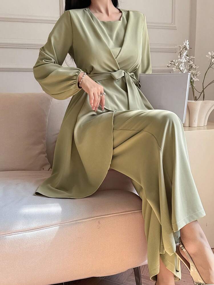 Women's Elegant Solid Color Asymmetrical Hem Belted Shirt And Wide Leg Pants 2-Piece Set, Spring/Summer