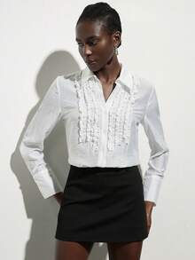 Aveloria Modichic 新款纹理褶皱荷叶边V领修身白色衬衫，优雅复古风格，长袖，适合通勤、日常穿着、正式会议、艺术聚会、下午茶约会、简约场合。 - 白色 - 查看 4