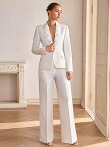 CLARA VERO Women's Floral Beaded Lapel Long Sleeve Blazer With Belt & Wide Leg Pants Suit, White - trắng - Xem 3