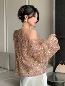 DAZY Loose Lace Knit Sweater For Women, Sheer Lightweight Luxury Sparkle Long Sleeve Top - Khaki - View 3