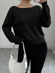 EURMUSE Women's Casual Solid Color Boat Neck Dropped Shoulder Sweater, Autumn/Winter - màu đen - Xem 4