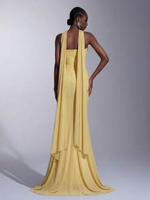 Elitara Elegant Minimalist High-Stretch Mesh Strapless Asymmetric Ruched Luxurious 3D Rhinestone Mermaid Draped Flounce(Detachable Halter)Formal Evening Gown - Light Yellow - View 2