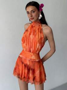 Aloruh 新款春夏无袖高领印花网纱褶皱层叠下摆露背迷你连衣裙，适合度假、约会、下午茶、旅行、音乐节、波西米亚风等场合。 - 橘色 - 查看 4