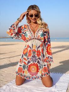 Swim Vcay Đầm nữ mùa hè kiểu dáng thanh lịch, họa tiết cây nhiệt đới, cổ chữ V, tay lỡ, cổ áo tôn dáng, dáng rộng với thiết kế thắt eo, lớp phủ ngoài mỏng nhẹ, thích hợp cho bãi biển, hồ bơi và các dịp hè khác (Họa tiết in) - Nhiều màu - Xem 6