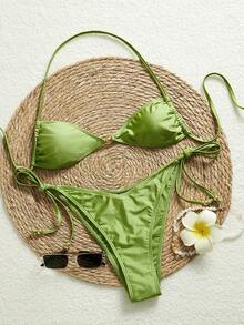 Swim SXY 女士清新绿色挂脖比基尼套装，饰有闪亮金色珠子，时尚性感泳装 - 綠色 - 查看 7