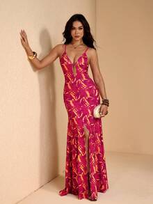 JIAN LASALA All-Over Print Knit Jersey Spaghetti Straps Low-V Neck Women Sleeveless Maxi Dress Summer - Red - View 6