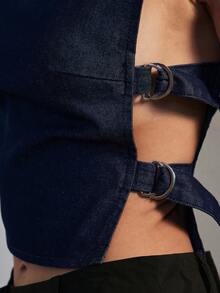 Hauture Áo denim nữ hở hông có khóa điều chỉnh, kiểu dáng gợi cảm hiện đại, phù hợp cho công sở. - Rửa tối - Xem 5