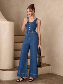 Selenza Women's Casual Fitted Sexy & Elegant Denim Jumpsuit - Medium Wash - View 6