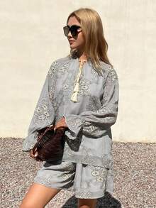 DAZY Textured Jacquard Embroidered Fabric Loose Long Sleeve Pullover Shirt And Straight Shorts Elegant Summer Vacation 2-Piece Set For Women Boho Short Sets For Women - Grey - View 6