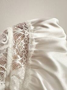 White Satin & Jacquard Lace Splice High Slit Deep V Romantic Elegant Nightgown, Suitable For Wedding Season - White - View 6