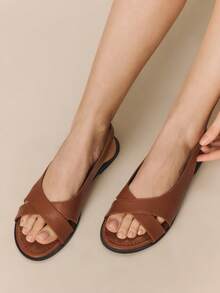 Styleloop Women's Shoes Buckle Crossed Trim Flat Sandals Holiday Travel Essential Boho Cowgirl Outfit Coachella - Brown - View 2