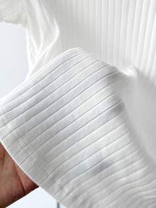 Tween Girl Spring/Summer Solid Color Casual Elegant Bow Embroidered V-Neck Fitted Side Pleated Short Sleeve Cropped Stretchy Ribbed Polo Shirt, White - White - View 6