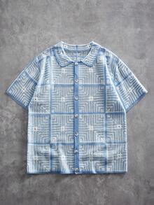 ROMWE MEN 男士 Polo 领针织短袖开衫 - 藍色 - 查看 1