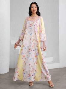 Yasmyna Áo Abaya phối ren và lưới hai lớp in hoa. - Màu be - Xem 4