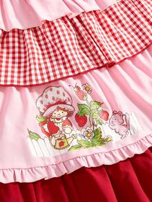 Strawberry Shortcake | ROMWE 女士休闲度假风卡通格子拼接撞色印花松紧腰层叠荷叶边A字裙 - 紅色 - 查看 4