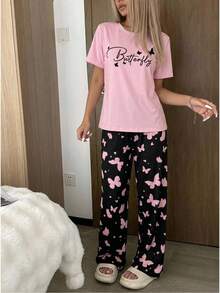 少女粉色短袖蝴蝶印花上衣搭配宽松黑色针织裤，休闲优雅两件套睡衣套装 - 粉色 - 查看 5