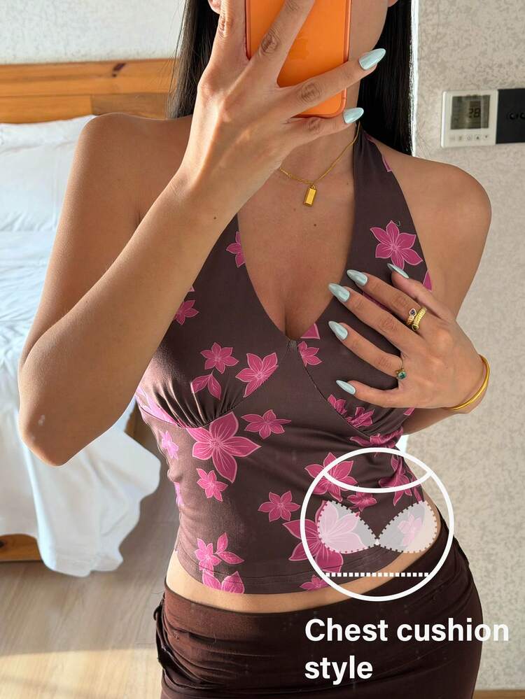 Floral Print Halter Neck Camisole Top With Built-In Bra Pad For Women, Suitable For Vacation