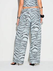 KIZN Women's Wide Leg Tiger Print High Rise Palazzo Jeans With Denim Texture And Animal Pattern For Spring Summer - Light Wash - View 3