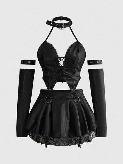 ROMWE Gothic Punk Charm Anime Cosplay Sexy Outfit, Faux Leather Devilish Set