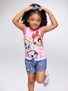 THE POWERPUFF GIRLS X SHEIN Young Girls' Casual Cartoon Print Denim Effect Shorts, Summer - Blue - View 2