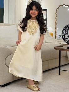 Dazy Kids Girls (Small) Round Neck Short Sleeve Dress, Fall Clothes - Beige - View 5