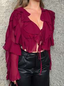 Jeta Ari 黑色上衣；秋季女装；短款上衣；节日服装派对聚会黑色网眼透视荷叶肩带深 V 领女式性感长袖衬衫 - 酒紅色 - 查看 3