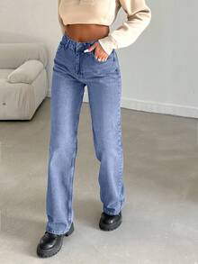 EURMUSE 100%Cotton Zipper Fly Straight Leg Jeans - Baby Blue - View 6