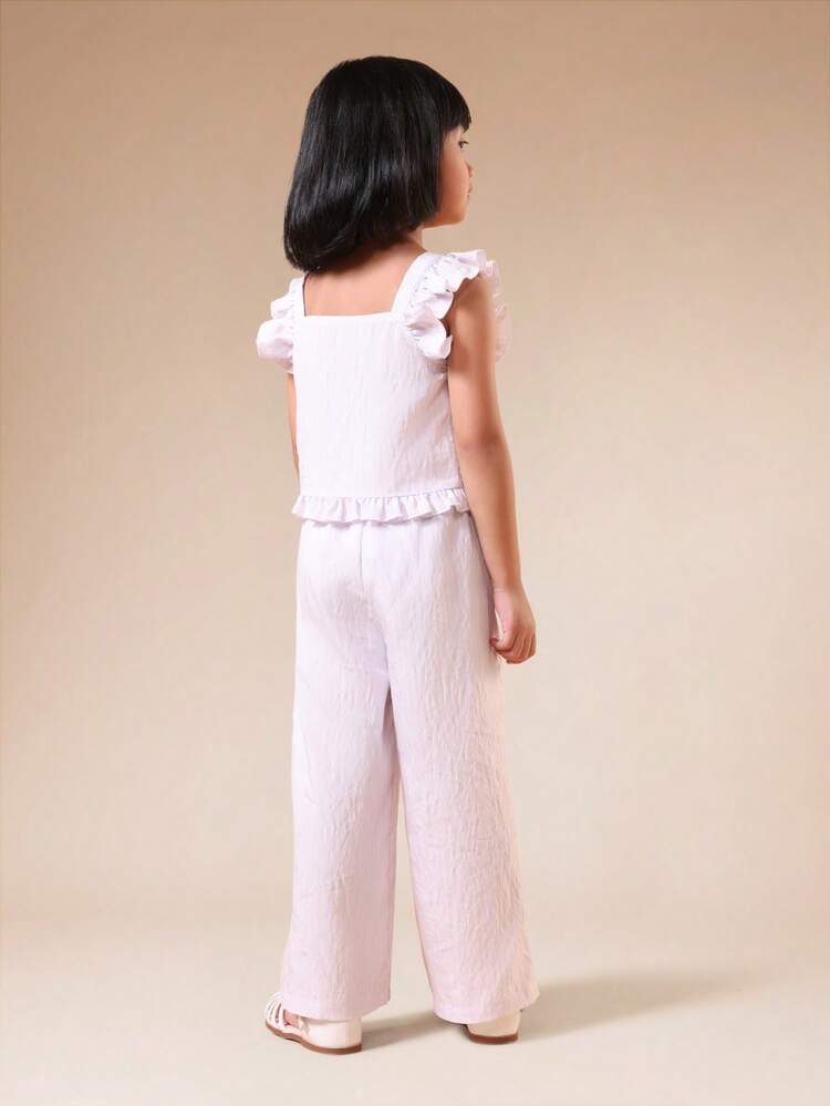 Girls Stripe Ruffle Flutter Sleeve Button Up Co-Ord Set Summer Casual Tank Top Wide Leg Pants Outfit Two Piece Matching Set