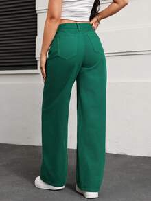 SHEIN EZwear Quần jean denim nữ ống rộng có túi, dáng suông, đa năng. - màu xanh lá - Xem 2