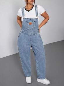 SHEIN ICON Plus Size Casual Versatile Washed Denim Bib Overalls - Light Wash - View 4