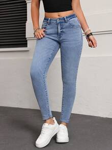 SHEIN PETITE Casual Washed Low-Waist High-Stretch Skinny Jeans - Light Wash - View 4